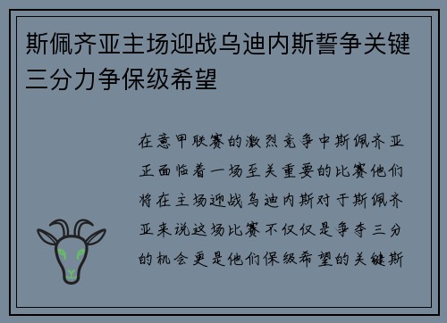 斯佩齐亚主场迎战乌迪内斯誓争关键三分力争保级希望