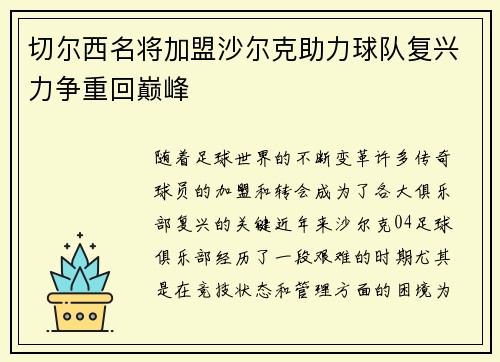 切尔西名将加盟沙尔克助力球队复兴力争重回巅峰