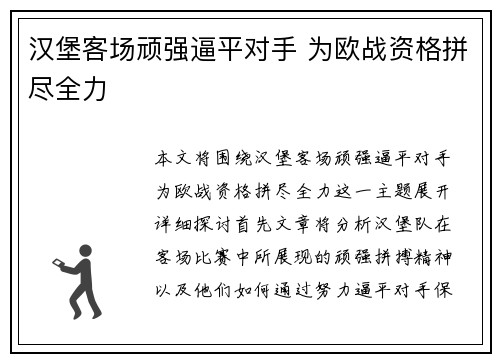 汉堡客场顽强逼平对手 为欧战资格拼尽全力