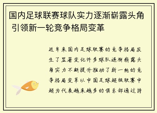 国内足球联赛球队实力逐渐崭露头角 引领新一轮竞争格局变革