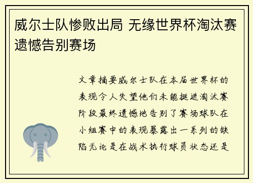 威尔士队惨败出局 无缘世界杯淘汰赛遗憾告别赛场